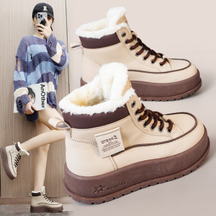 KT2811 new 2024 autumn and winter Korean version of the fleece-lined women's middle help color matching warm high cotton shoes casual snow boots