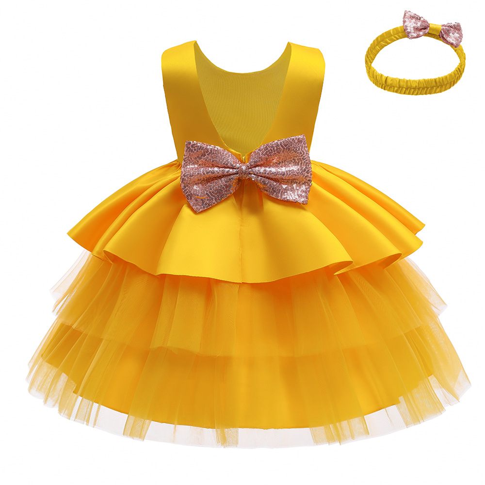 速賣通兒童禮服女童蝴蝶結亮片花童裙蓬蓬蛋糕公主裙演出服連衣裙