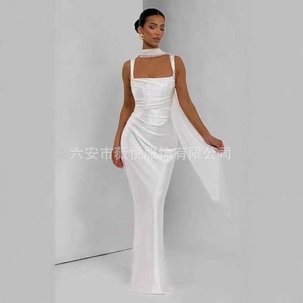 Amazon European and American Suspender Satin Evening Dress Slimming Fishtail Skirt Long Elegant Banquet Party Dress for Women