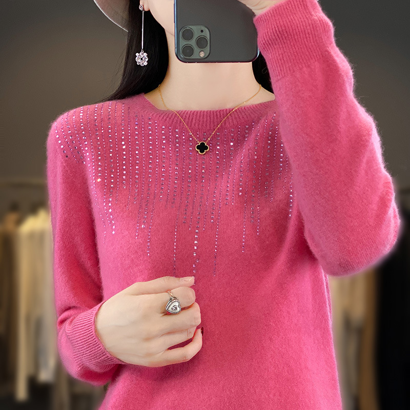 Ropa de primera línea sin costuras 2023 otoño e invierno nuevas mujeres cuello redondo Jersey de manga larga con lentejuelas camisa de fondo de punto Andy Velvet