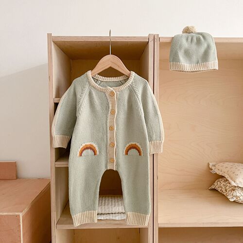 ins Korean version super cute newborn baby romper baby knitted jumpsuit rainbow sweater comes with hat