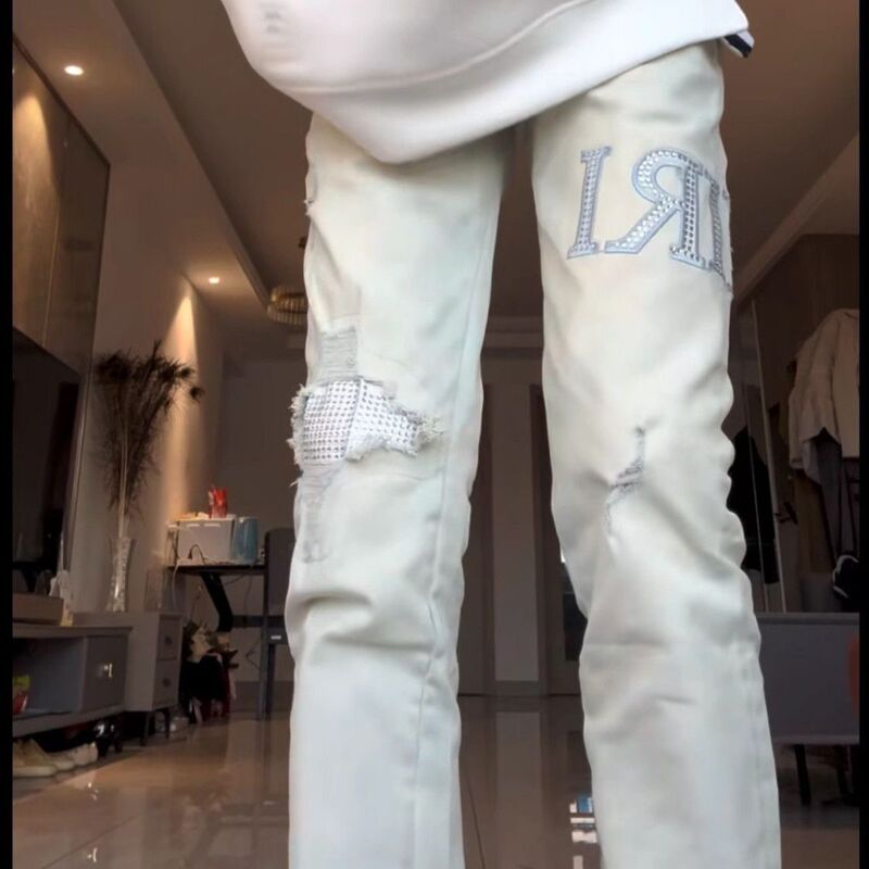 Aa Kode Fashion Am Disco Street with Diamond Letters Hole Patch Slim Fit Jeans Aa Kode Fashion Am Disco Street with Diamond Letters Hole Patch Slim Fit Jeans