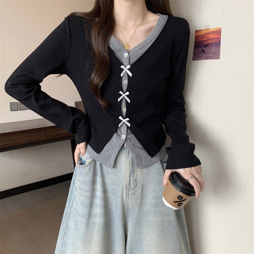 MR Original Design Early Autumn Two-Piece Color Blocking V-Neck Slimming Loose Casual Versatile Long-Sleeve Cardigan Top