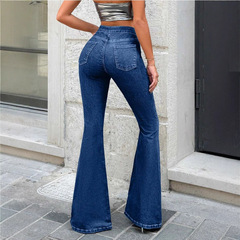跨境美式速卖通Womenjeans简约微喇裤蓝色牛仔裤女百搭显瘦高街