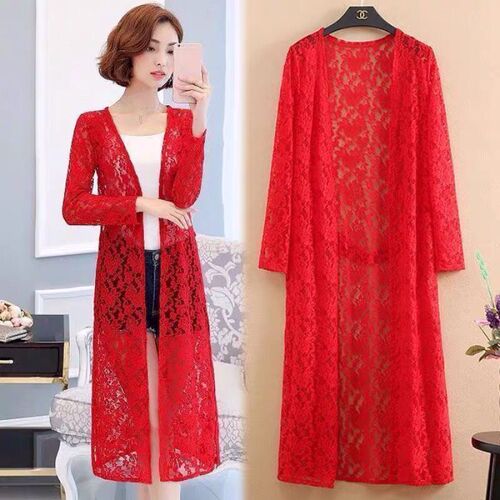 Loose Lace Sunscreen Top with Long Sleeve Open-Front Blouse for Summer, Expendable Medium-Length Shawl-Sleeve Thin Outerwear Air Conditioning Shirt