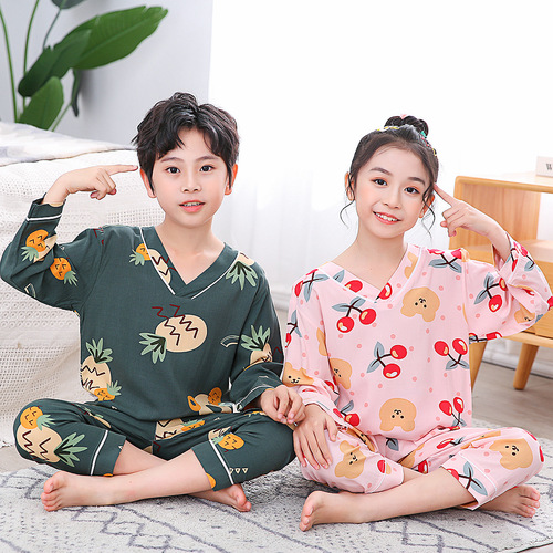 Children's pajamas summer thin children's air-conditioned clothes cotton silk home clothes set cotton silk solid color printing one piece drop shipping