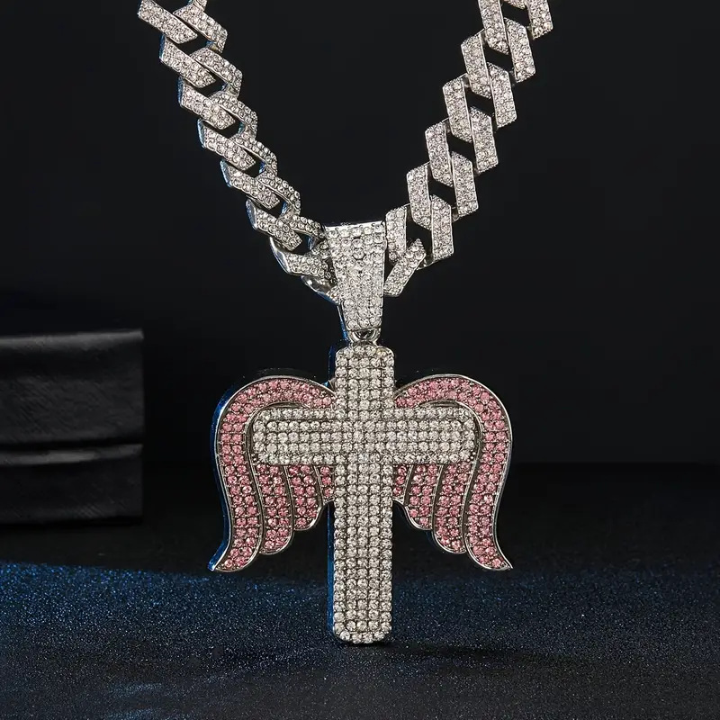 Street Occasion New Rhinestone Personality Diamond Stud Angel Wings Cross Pendant Hip Hop Creative Necklace
