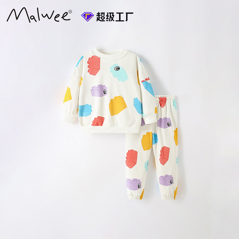 Malwee set de niños otoño y invierno nuevo estilo europeo y americano para niños de mediana edad impresión casual de cuello redondo para niños dos piezas set