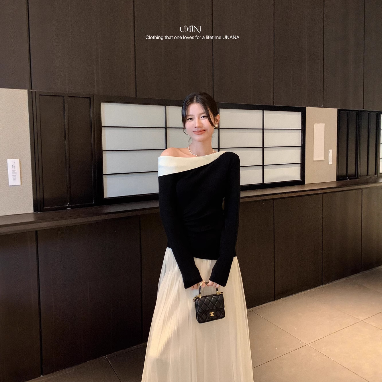 U+MINI十三行D7180新品韩系氛围拼色斜肩显瘦长袖针织衫保暖毛衣