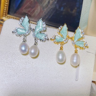 2024 Summer New Entry Light Luxury Oil Painting Butterfly High-grade All-match Earrings Natural Freshwater Pearl Earrings Earrings