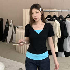 2026夏季新款罗纹上衣拼色休闲韩系穿搭拼色假两件短袖t恤女ins