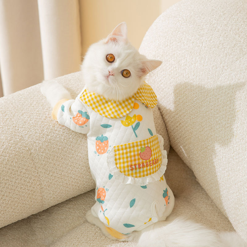Gato Otoño e Invierno de algodón de dibujos animados impreso de cuatro patas bolsa de ropa del vientre ropa de protección del vientre caliente perro bolsa de ropa para mascotas