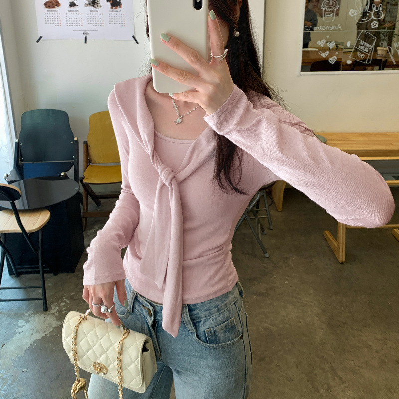 韩版chic别致紫色披肩假两件长袖T恤女秋季新款气质收腰显瘦上衣|undefined