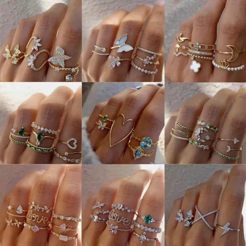 欧美跨境饰品 轻奢镶钻蝴蝶桃心戒指套装 小众Love月亮关节戒女