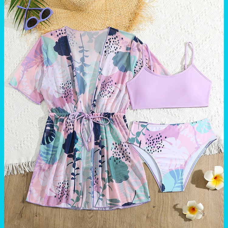 Dreiteiliger Kinder-Badeanzug mit Print, Bikini-Cover-Up von Huludao für Mädchen im Alter von 3-7 Jahren_voghion.com