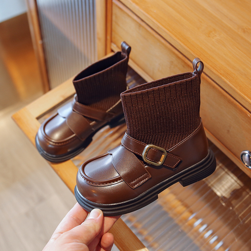 Nouvelles chaussettes tricotées d'hiver pour petites filles Bottines à semelles souples Bottines noires en cuir pour bébé pour enfants_voghion.com