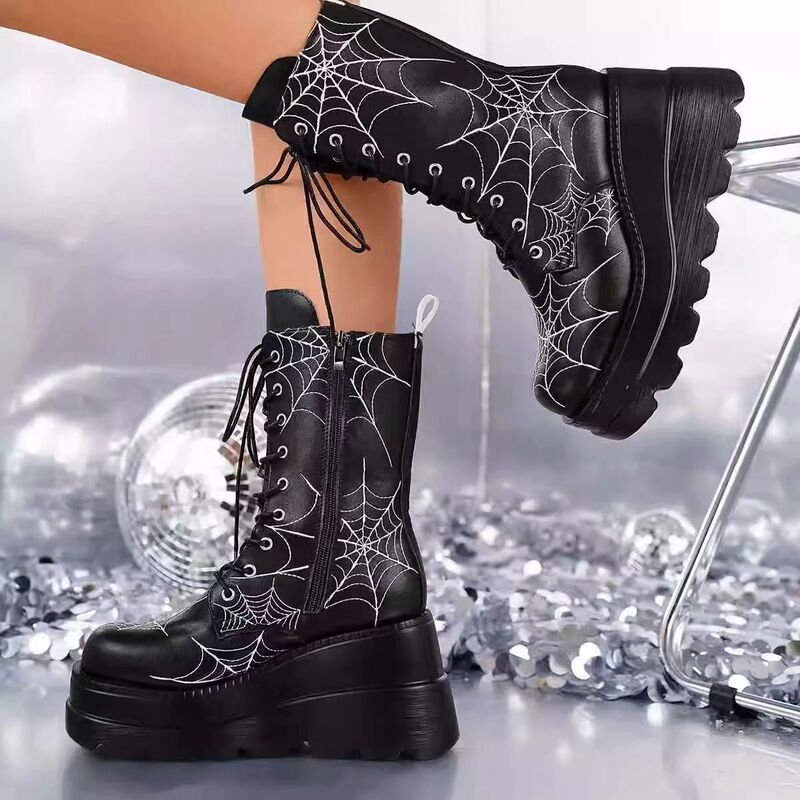 2024 autumn and winter new martin boots foreign trade Gothic wind slope heel thick bottom spider web short boots women's European and American plus size women's boots 2024 autumn and winter new martin boots foreign trade Gothic wind slope heel thick bottom spider web short boots women's European and American plus size women's boots