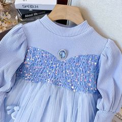 兒童紗裙女童連衣裙春秋季女孩長袖亮片裙子蓬蓬紗禮服網紗公主裙