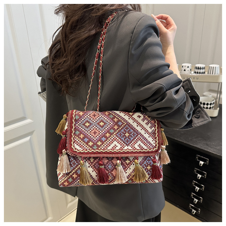 336g Weight Flip Cover Closure Type Single Shoulder Strap Strap Type Shoulder Bag Bags Type Casual, Holiday Occasion Cloth Material Geometric Pattern All Seasons Season Women's Gender Elegant, Ethnic Style Style Square Shape Women's Cloth Geometric Elegant Ethnic Style Square Flip Cover Shoulder Bag 11