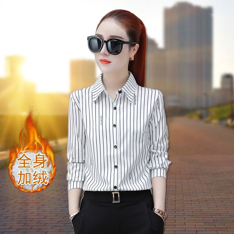 Chiffon Fleece-Lined Striped Shirt for Women, Long-Sleeved, 2026 Autumn and Winter New Korean Style, Stylish and Versatile Shirt, Elegant Base Shirt Chiffon Fleece-Lined Striped Shirt for Women, Long-Sleeved, 2026 Autumn and Winter New Korean Style, Stylish and Versatile Shirt, Elegant Base Shirt