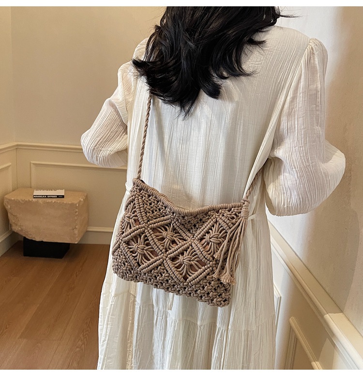177g Weight Polyester Cotton Lining Material Weave, Hollow Fashion Element Zipper Closure Type Single Shoulder Strap Strap Type Shoulder Bag Bags Type Casual Occasion cotton rope Material Solid Color Pattern All Seasons Season Women's Gender Vacation Style Square Shape Women's Cotton Rope Solid Color Vacation Weave Hollow Square Zipper Shoulder Bag 13