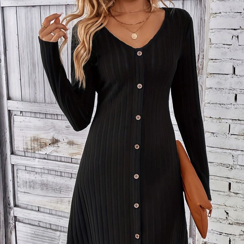 Autumn New Cross-Border Foreign Trade European and American Amazon Fashion Button Waist Long-Sleeved Dress Clearance Autumn New Cross-Border Foreign Trade European and American Amazon Fashion Button Waist Long-Sleeved Dress Clearance