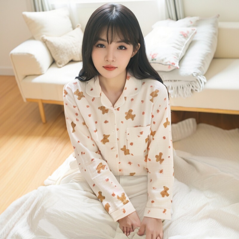 Spring and Summer New Long-sleeved Gauze Double-layer Yarn Home Clothes suit Lapel Casual Cardigan Pajamas Han Feng Ins