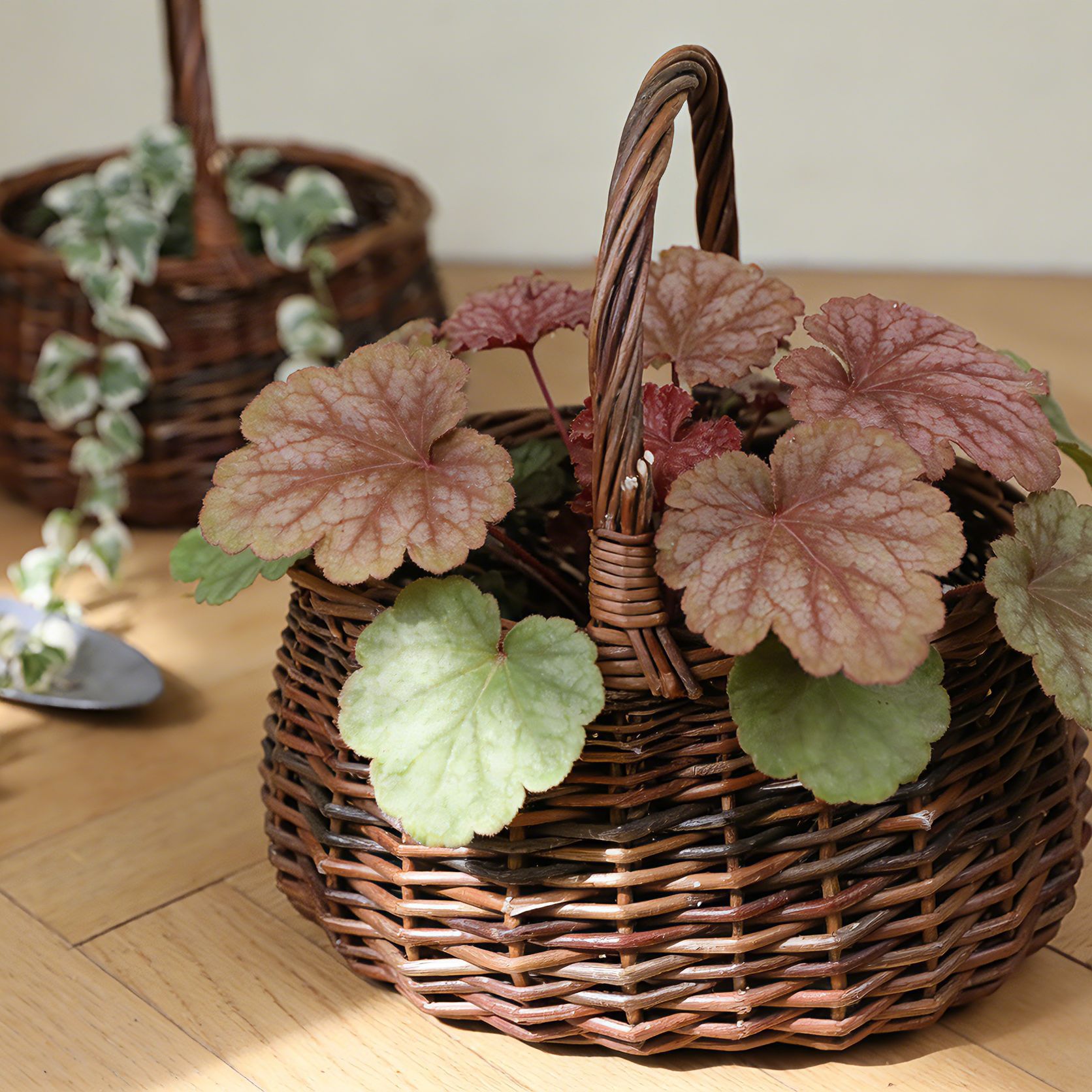 Cestas de mimbre para flores, cestas tejidas a mano, arreglos florales, decoraciones con plantas verdes, recipientes decorativos para flores, macetas rústicas hechas a mano con mimbre y paja.