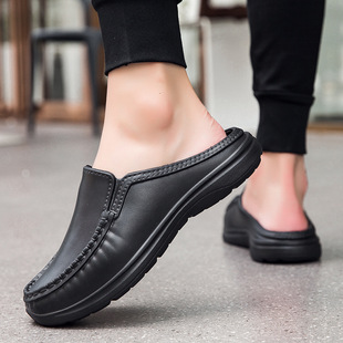 Closed toe half slippers men's slip-on driving driver shoes non-slip chef shoes men's casual leather shoes EVA