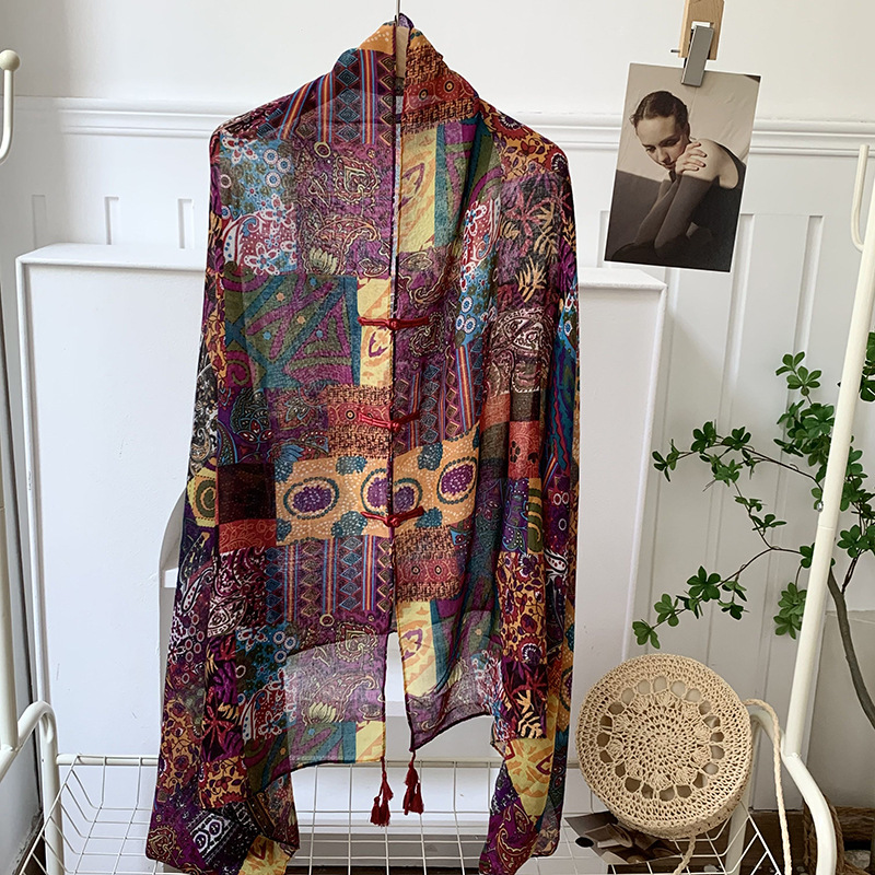 Verano de alta gama ropa exterior de mujer estilo étnico retro protector solar hebilla chal Yunnan Qinghai turismo bufanda de seda