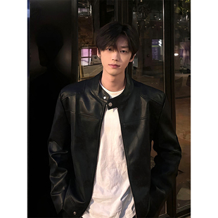 American Style Short Motorcycle Leather Jacket Men's Niche High-end Sense cleanfit Vertical Collar Flying Jacket Trendy