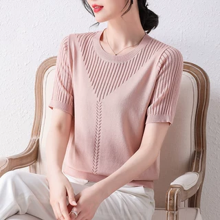 妈妈夏装短袖t恤冰丝针织小衫中老年女2023新款上衣服时尚圆领