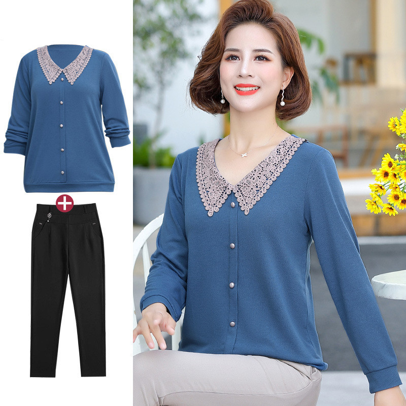 妈妈秋装长袖打底小衫中年女装春秋洋气上衣中老年人针织两件套装
