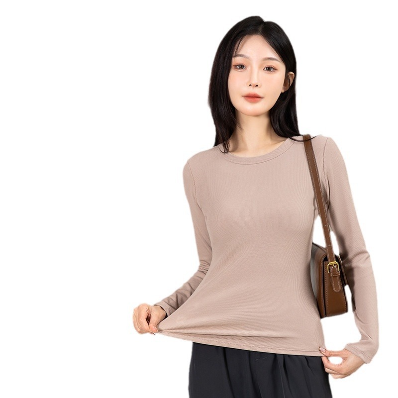 Las nuevas niñas de otoño e invierno de cuello redondo camisa de fondo de manga larga de las mujeres de color sólido cómodo slim fit forro polar cálido interior superior