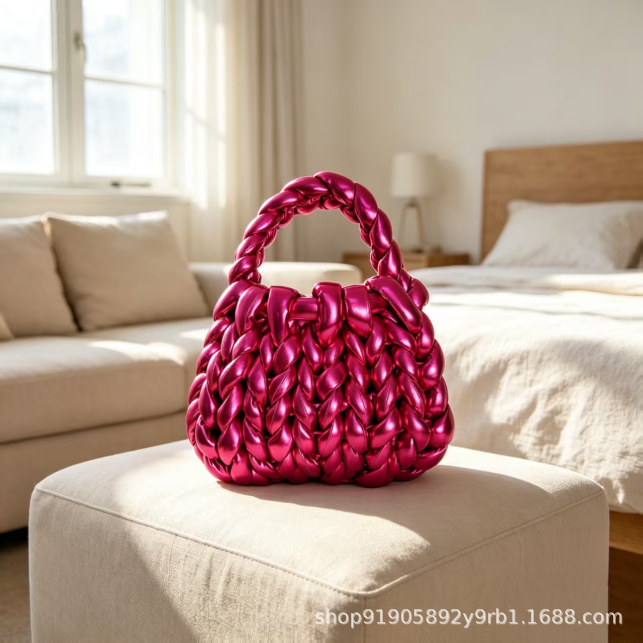 Cross-border new product: handcrafted, shiny metallic thread-woven bag, iridescent thick rope-woven tote bag, niche mini underarm bag