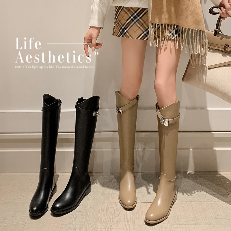 法式锁扣骑士靴小个子大码斜口显瘦修饰腿型高筒靴子长筒靴女秋冬