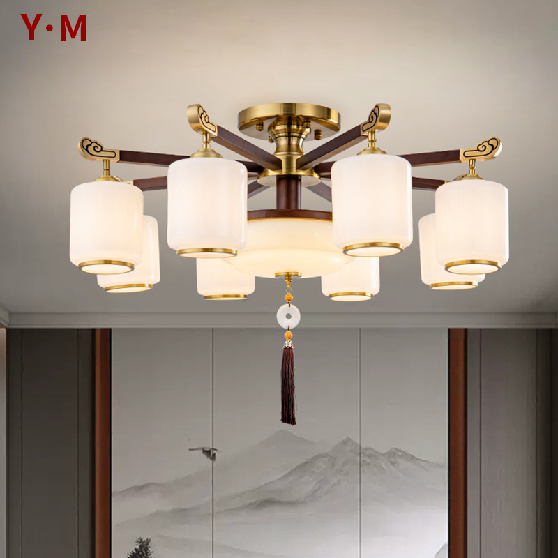 新中式禅意全铜吸顶灯客厅灯中国风别墅大厅铜灯实木餐厅灯具6309