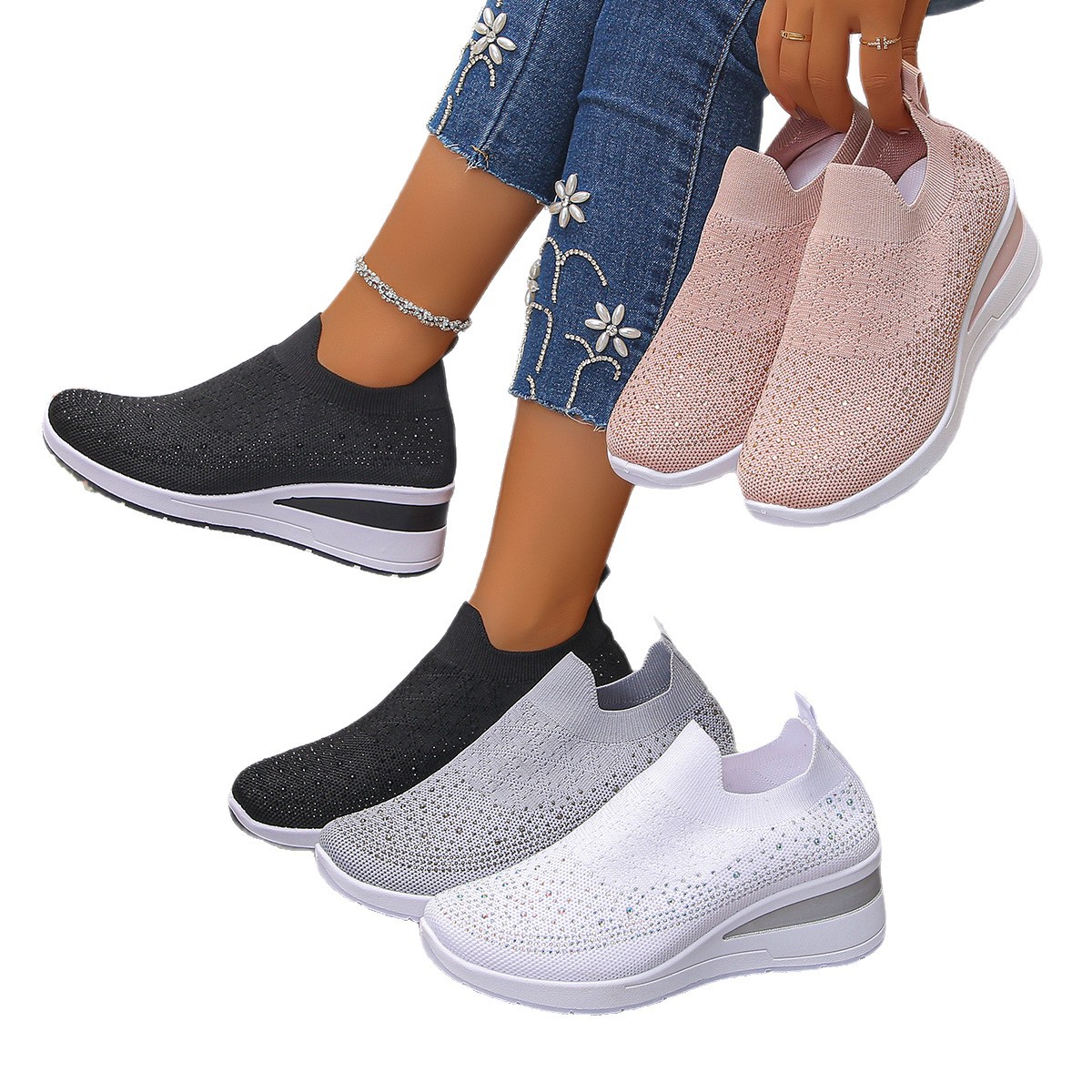 Mujeres transfronterizas botas de calcetines de tejido, pendiente de diamante flash con un pedal, ligero multicolor, suministro al por mayor de comercio exterior estable