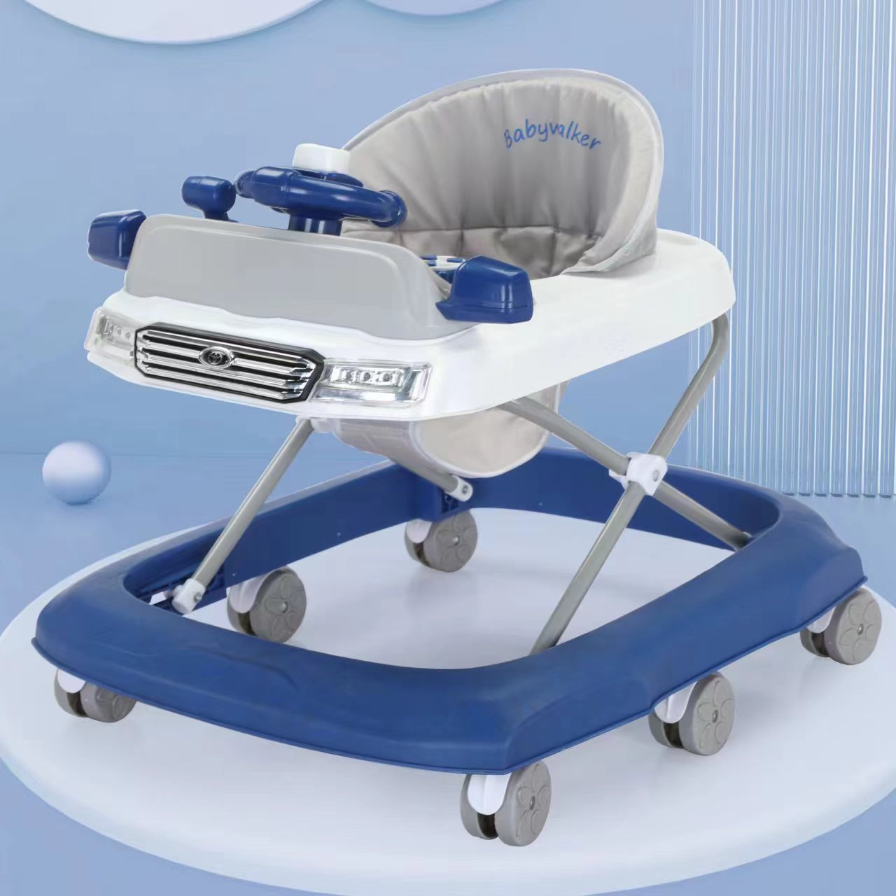 Baby walker multifuncional anti-rollback anti-piernas para bebés de un año de edad puede sentarse en un paseo asistido de cuatro ruedas.