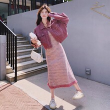 韩系穿搭一整套牛仔外套吊带裙套装女秋新款针织连衣裙两件套