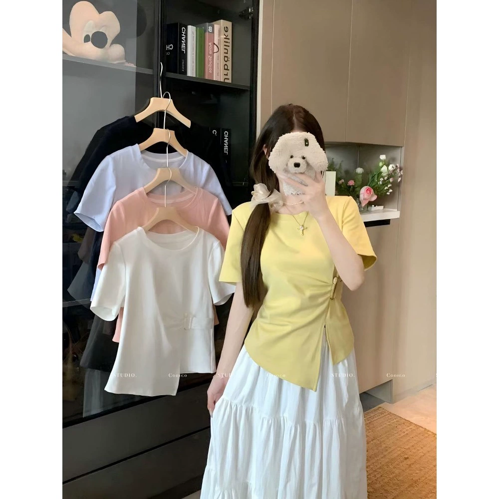 Женская летняя футболка с короткими рукавами на правое плечо, новый дизайн большого размера с уникальным асимметричным топом для похудения, закрывающим живот.