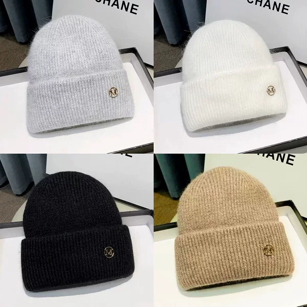 Cross-Border M-Label Woolen Hat for Women in Winter Thickeneded Plush Warm Fur Toe Cap Autumn and Winter Large Head Circumference Knitted Hat