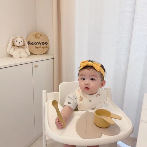 ins Korean baby baby food supplement special bowl spoon tableware mat set silicone children's anti-fall bowl tableware