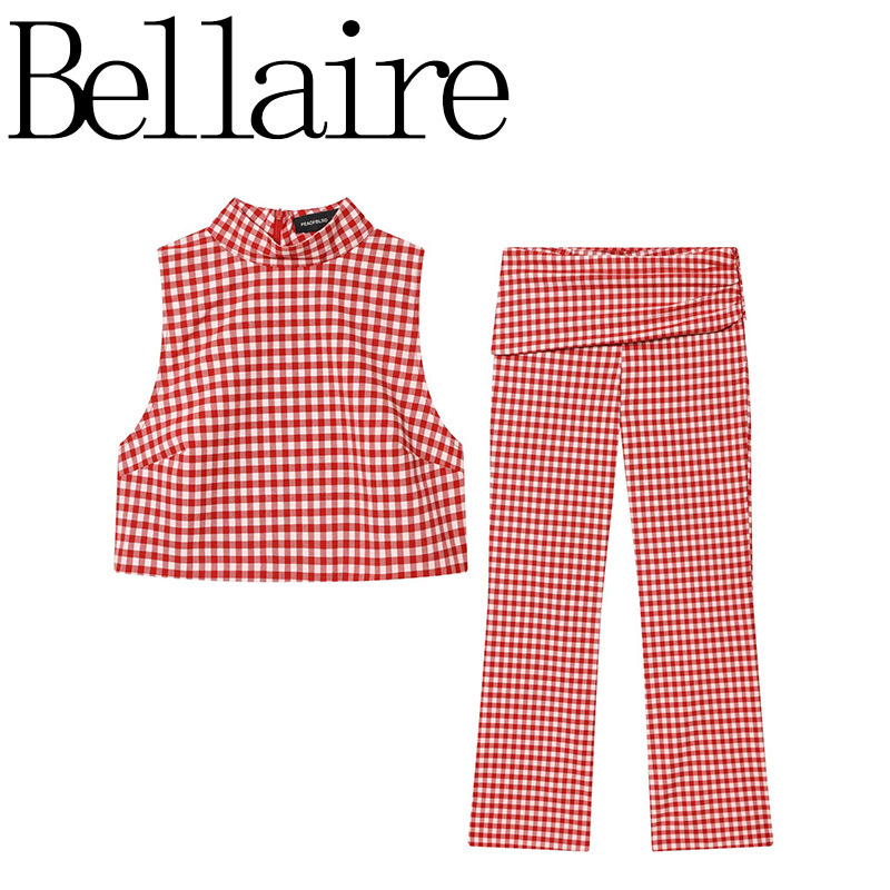 Za Foreign Trade Wholesale European and American Style French Women's Fashion Sleeveless High-Neck Plaid Short Top + Small Plaid Capri Pants