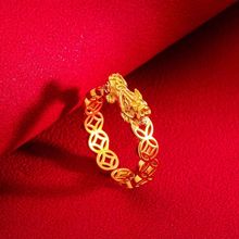 越南沙金貔貅戒指仿18K黄金女款招财钱币活口戒指不易掉色