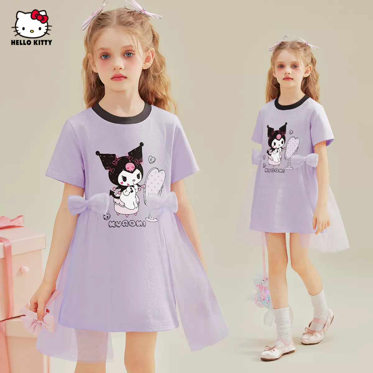 【酷洛米联名款】女童夏季连衣裙2025新款中大童装撞色T恤裙