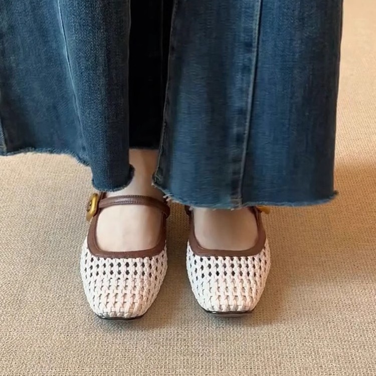 Piel de oveja suave ~ Zapatos Mary Jane huecos tejidos con punta cuadrada de cuero retro, sandalias de una línea de tacón grueso con punta cuadrada de boca baja para mujer