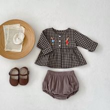 ins 2025秋装婴幼儿童女宝宝兔子绣花格子长袖上衣+包屁裤子套装