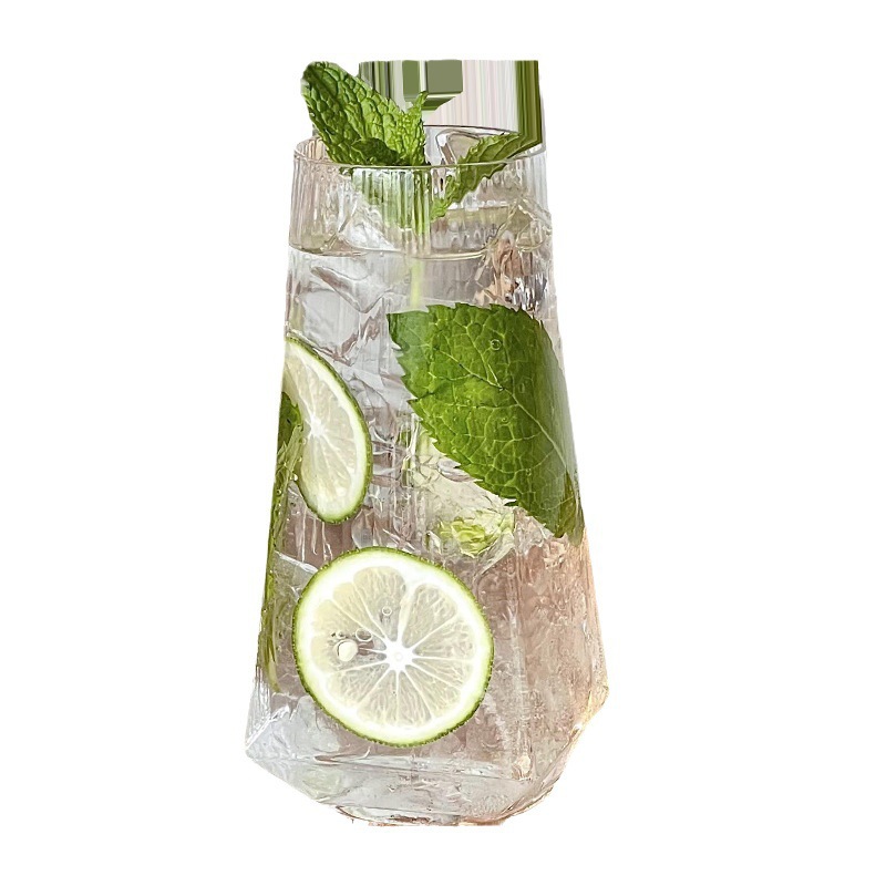 Taza de vidrio a rayas de diamante cuadrado, taza de frutas, taza de agua de burbujas de soda, taza de bebida fría, taza de agua potable