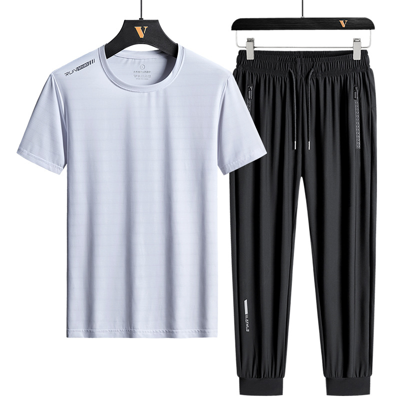 Traje deportivo de seda de hielo para hombres ropa de correr juvenil Verano de secado rápido casual Camiseta de manga corta Pantalones deportes traje de dos piezas
